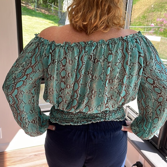 Michael Kors turquoise snakeskin print long sleeve blouse. - Picture 2 of 7